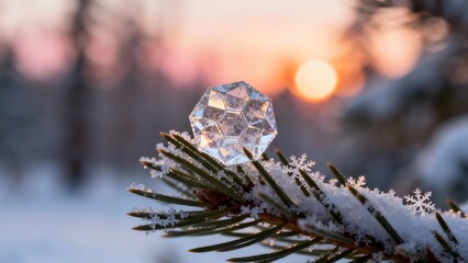 A magical ice crystal on a pine needle at sunrise. Winter macro photography with beautiful bokeh background and frost details.
