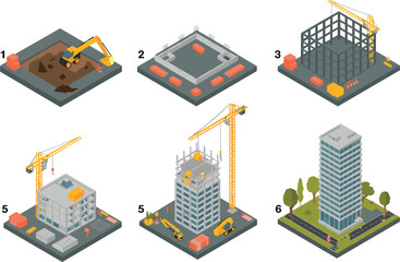 Isometric construction stages of a high-rise building with equipment skyscraper illustration