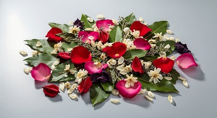 Vibrant red, white, and green flat lay floral arrangement featuring a symmetrical display of rose petals