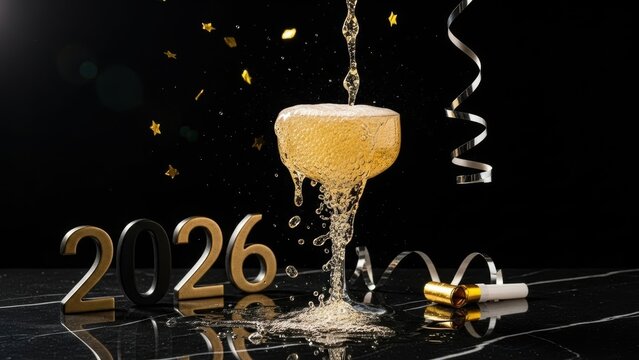 Golden numbers 2026 and champagne being poured into a glass with streamers and confetti on a black background