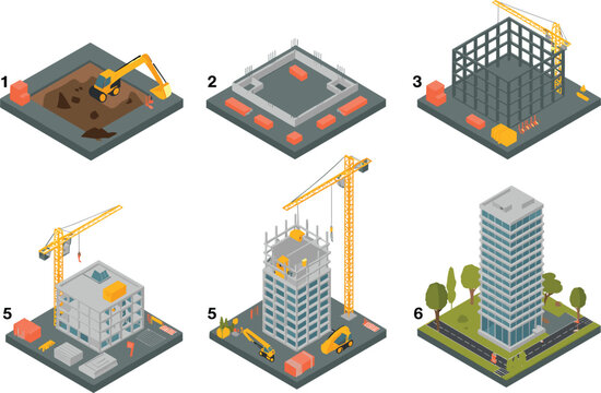 Isometric construction stages of a high-rise building with equipment skyscraper illustration