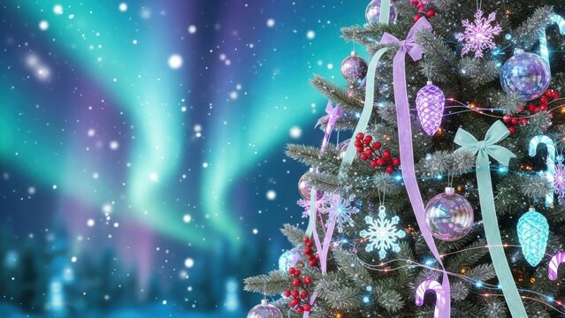 Magical christmas tree decorated with ornaments against a vibrant aurora borealis sky with falling snow