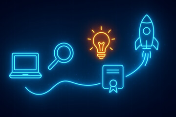 Startup journey diagram with neon icons of a laptop, magnifying glass, lightbulb, certificate, and a rocket ship showing the path to success and innovation