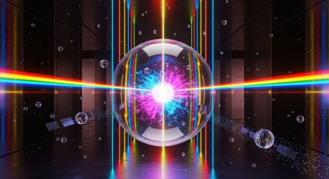 Abstract futuristic energy core with rainbow light beams and bubbles in a dark environment