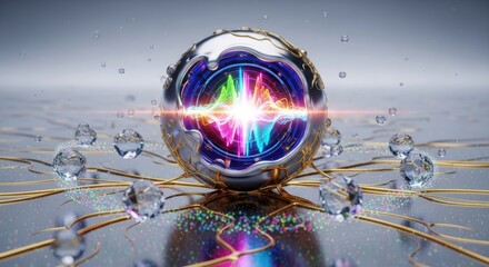 Futuristic abstract orb with rainbow spectrum light and connected crystal elements