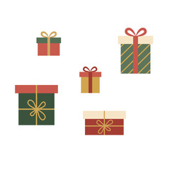 Christmas gift boxes vector collection. Festive holiday presents flat design set. Retro color seasonal decoration elements.