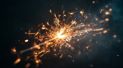 Macro close-up of burning sparkler with flying gold sparks. Dark night background with bokeh. Magic New Year celebration concept