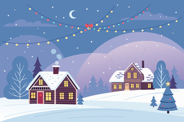 Elegant Snowy Village Skyline With Christmas Lights Premium Digital Asset