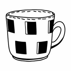 Simple black and white illustration of a square patterned mug