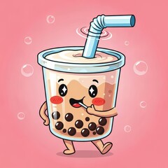 Cute Mascot of Bubble Tea with Blushing Cheeks and Straw