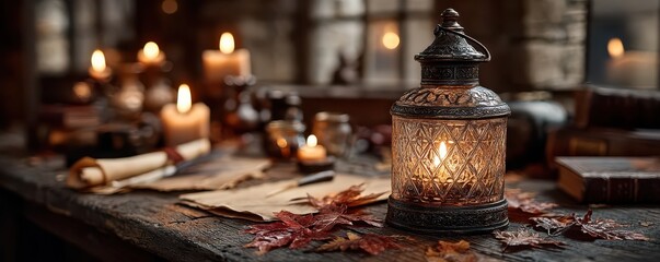 Antique lit lantern on rustic table with vintage decor and falling leaves