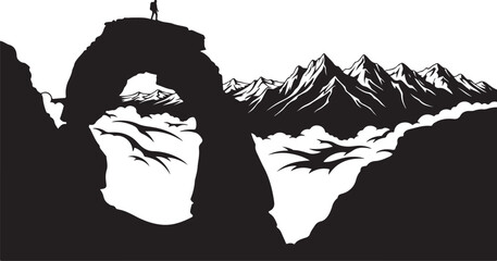 Abstract vector illustration and sketch of a black silhouette bird and house design in nature drawing