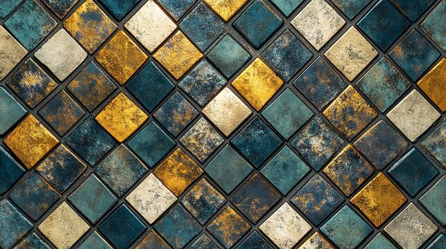 Abstract geometric pattern of distressed metallic tiles in gold, teal, and offwhite, creating a textured background - Powered by Adobe