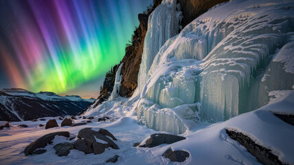Aurora Borealis dances over a frozen waterfall in a snow-covered mountain landscape.