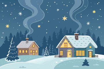 Winter Village With Cozy Houses Smoke Chim High-Quality Stock Image Suitable for Design