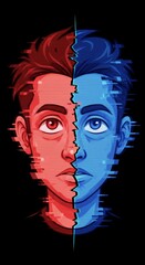 Cartoon Portrait with Glitch Effect in Red and Blue Colors