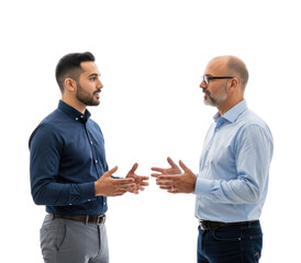 Two men in business attire, engaged in a conversation, standing against a white background.