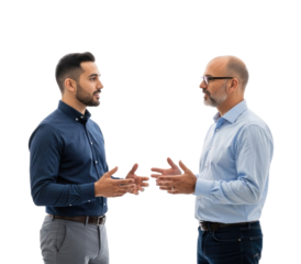 Two men in business attire, engaged in a conversation, standing against a white background.