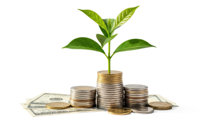 A green plant growing from a stack of coins on a white surface.