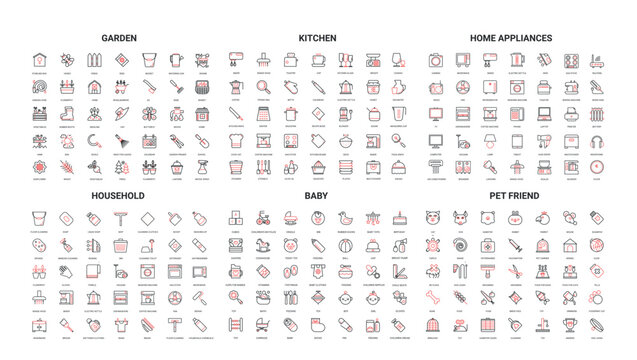 Comprehensive set of modern line icons for garden, kitchen, home appliances, household, baby, and pet friend themes perfect for web, app, and print design isolated vector illustration