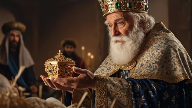 one of three magi, elderly king with white beard, presents ornate golden gift. biblical nativity scene for christmas and epiphany. religious illustration, greeting card.