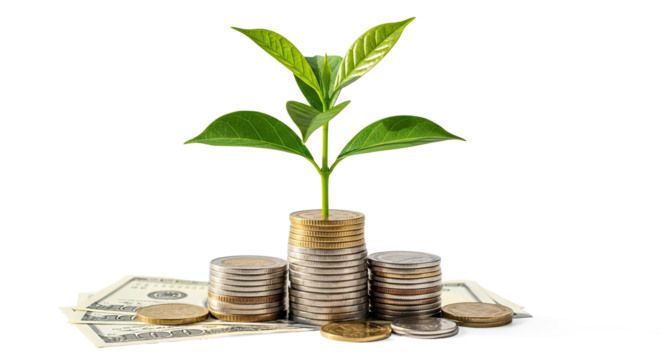 A green plant growing from a stack of coins on a white surface.