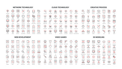 Comprehensive set of modern line icons covering network technology, cloud computing, creative process, web development, video games, and 3D modeling isolated on white background vector illustration