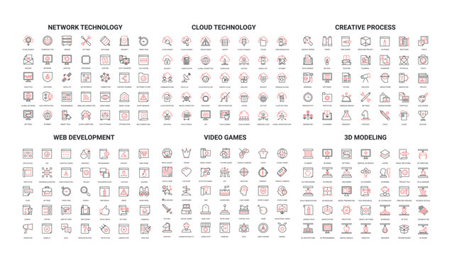 Comprehensive set of modern line icons covering network technology, cloud computing, creative process, web development, video games, and 3D modeling isolated on white background vector illustration
