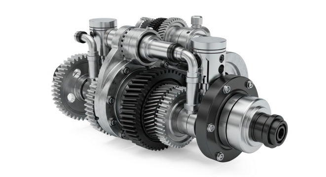 A complex mechanical engine with gears and pistons, isolated on a white background.