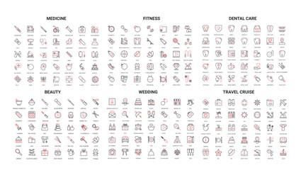 Comprehensive set of modern line icons for medicine, fitness, dental care, beauty, wedding, and travel cruise themes perfect for web, app, and print design isolated vector illustration