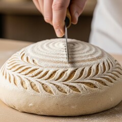 Close-Up of Sourdough Bread Scored with Artistic Pattern Before Baking