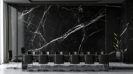 Black marble conference room with chairs and plant