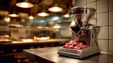 Precision in the Culinary Realm: A commercial meat grinder, symbolizing the heart of professional food preparation, sits in a dynamic kitchen.