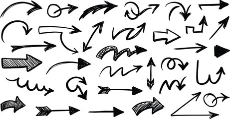 Hand drawn black arrow set vector illustration collection featuring various sketch styles, grunge markers, and doodle direction pointers on white.