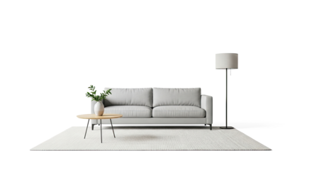 A minimalist living room with a gray sofa, floor lamp, and coffee table.