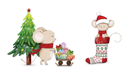Watercolor Christmas Mice with Tree and Presents