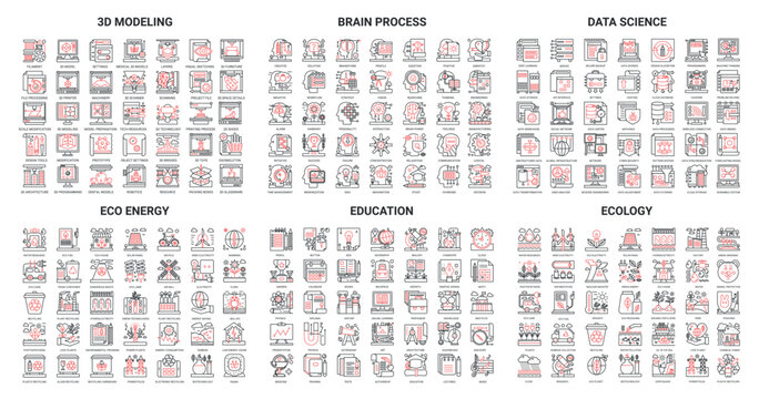 Data science education technology, eco energy, 3d modeling icon vector illustration set. Red black thin line website collection of future scientific innovation in ecology protection, tech equipment