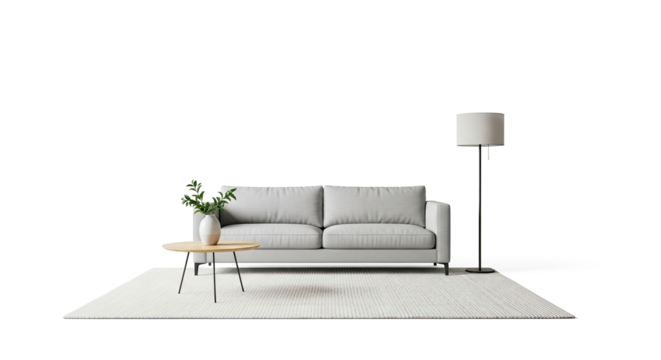 A minimalist living room with a gray sofa, floor lamp, and coffee table.