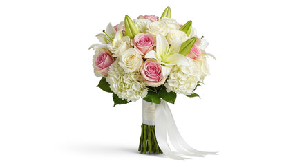 Obraz premium A bouquet of pink roses and white lilies with green stems and white ribbon.