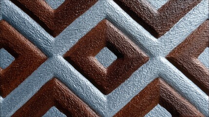 Close-up of a textured surface featuring a repeating geometric pattern of raised diamond shapes in brown and silver, creating a sense of depth and visual intere