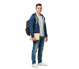 Fototapeta premium A young man standing against a white background, holding a book and wearing a backpack.