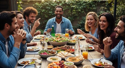 Obraz premium Joyful Outdoor Gathering with Plant-Based Meals Shared at Table