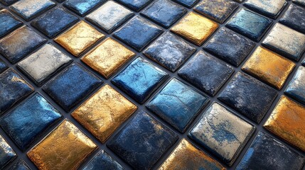 Closeup of shimmering square tiles in shades of blue, gold, and white, creating an elegant textured pattern