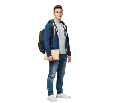 A young man standing against a white background, holding a book and wearing a backpack.