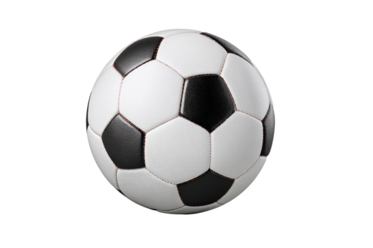 Classic black and white soccer ball with red stitching on black background football sport, Isolated On Transparent Background, Png