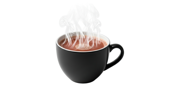 A steaming cup of hot chocolate with a white background.