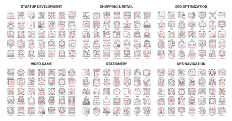 Business startup development, office supplies, seo optimization thin red black line icon vector illustration set. Video game entertainment symbols collection, retail shopping, gps navigation service