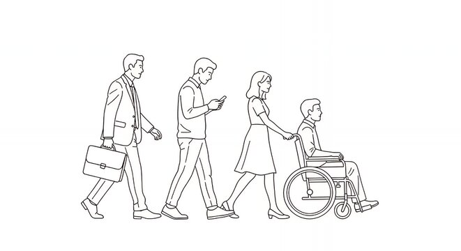 Line Drawing of Diverse People Walking Including Businessman Woman and Person in Wheelchair - Powered by Adobe