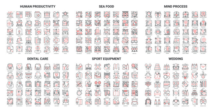 Sea food menu, sport fitness equipment, wedding ceremony, dental care medicine thin red black line icon vector illustration set. Outline mind brain process, brainstorm human productivity collection