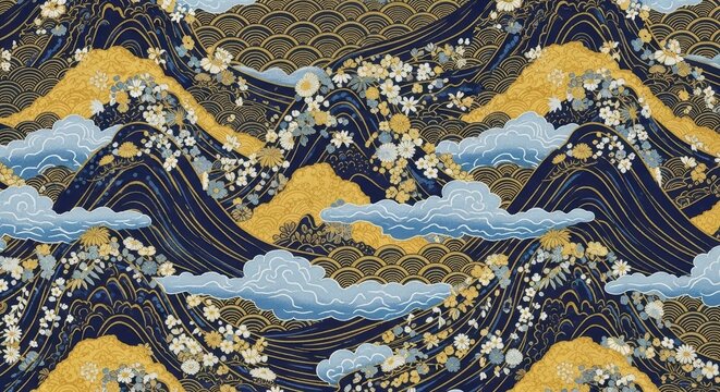Seamless japanese wave and mountain pattern textile